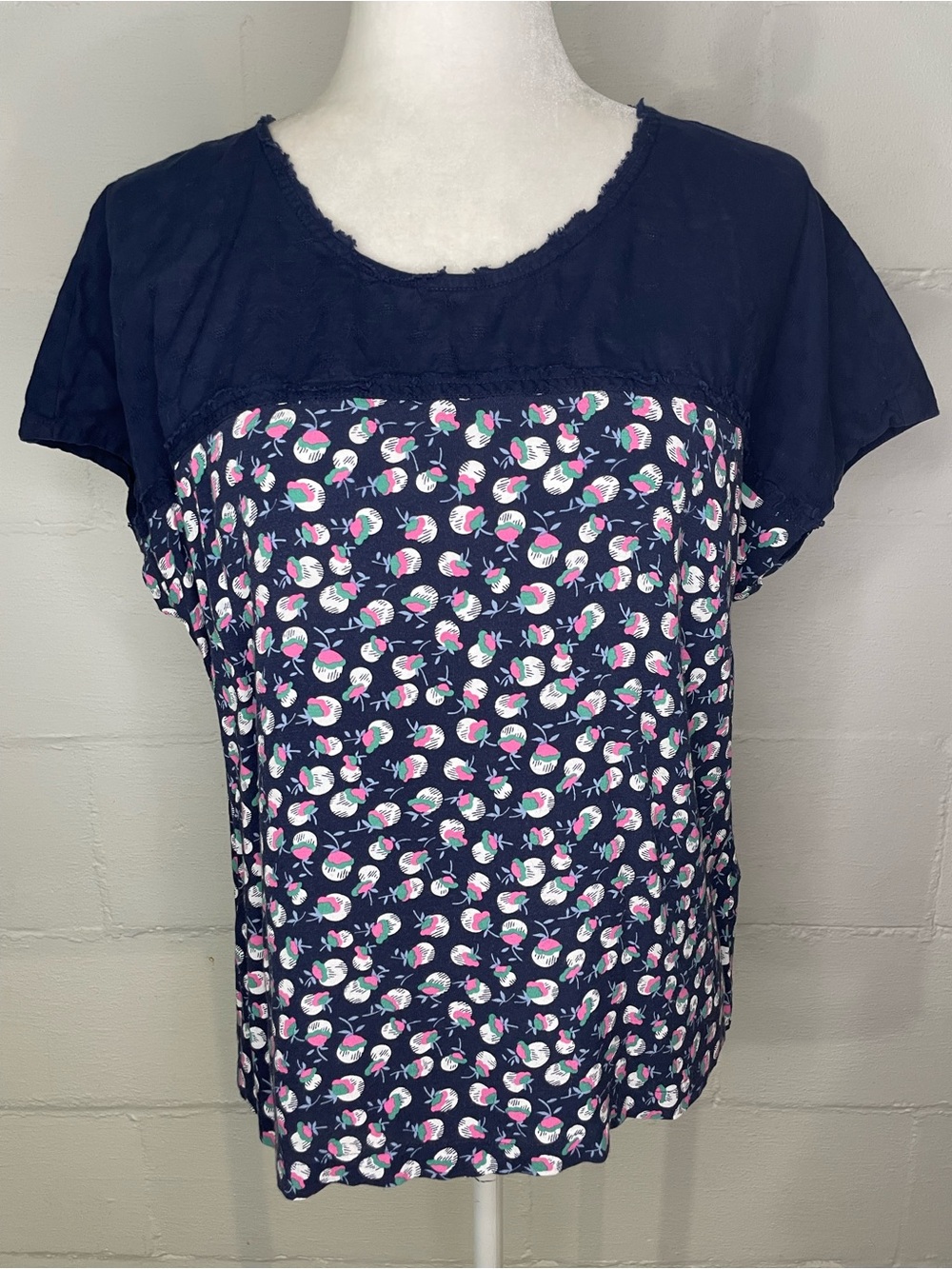Boden Navy Floral Short Sleeve Tee with Pink and White Blooms